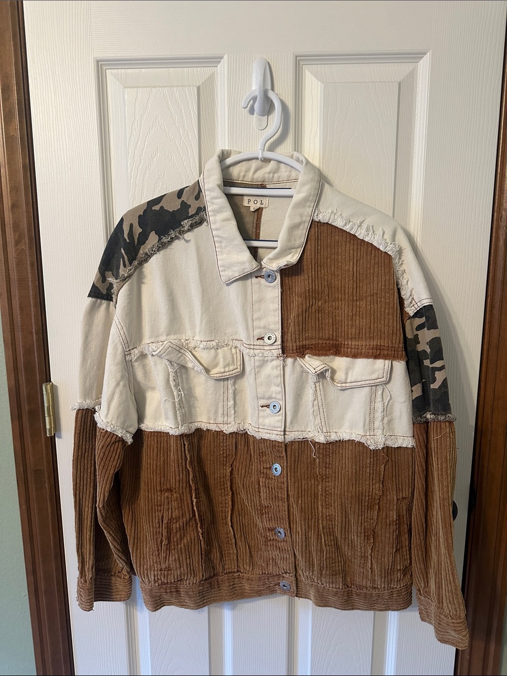 POL Patchwork Corduroy & Canvas Jacket in Brown, Cream and Green Camo